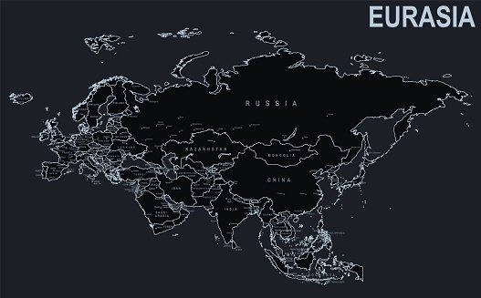 Flat map of Eurasia with countries and cities on a black background