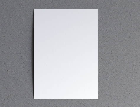 Blank paper sheets for brochure and poster on grey background, top view mockup