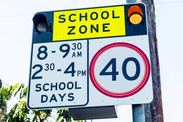 istock School zone road sign with speed limit 40 during before and after school hours in NSW, Australia. Road safety 1355967747