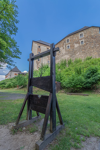 Guillotine in outer yard of Castle Lockenhaus, Burgenland Austria 30.05.2020