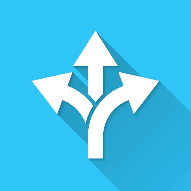 Vector illustration of Three way direction arrow. Icon on blue background - Flat Design with Long Shadow