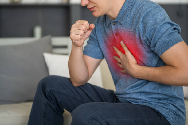 Sore throat and cough, man with lung pain at home Sore throat and cough, man with lung pain at home, health problems concept bronchiole stock pictures, royalty-free photos & images