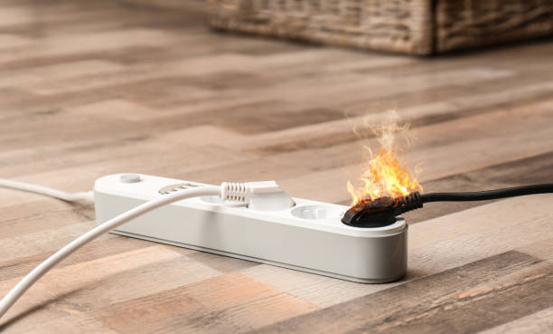 istock Inflamed plug in power board - result of electrical short circuit 1355971027