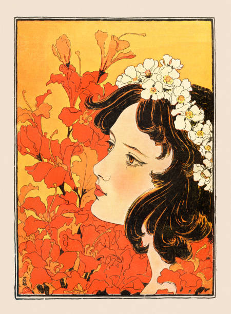 Young woman with floral garland in nature dreaming art nouveau 1897 Art Nouveau is an international style of art, architecture, and applied art, especially the decorative arts, known in different languages by different names: Jugendstil in German, Stile Liberty in Italian, Modernisme català in Catalan, etc. In English it is also known as the Modern Style. The style was most popular between 1890 and 1910 during the Belle Époque period that ended with the start of World War I in 1914.
Original edition from my own archives
Source : Jugend Band 1 - 1896 beauty in nature illustrations stock illustrations