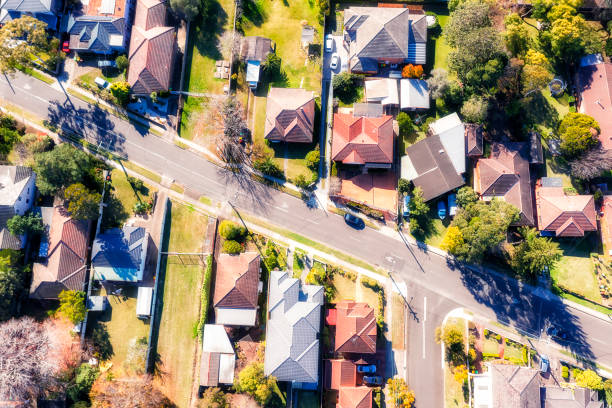 D Denistone home north road Aerial top down view in residential suburb of city of Ryde in Greater Sydney on a sunny day - quiet green streets with wealthy houses. duplex photos stock pictures, royalty-free photos & images