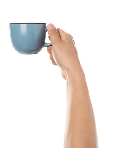 istock Woman holding blue cup on white background, closeup 1355971797