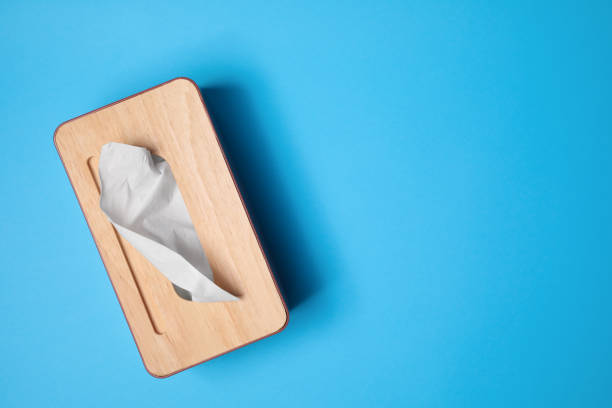 istock Holder with paper tissues on light blue background, top view. Space for text 1355972123