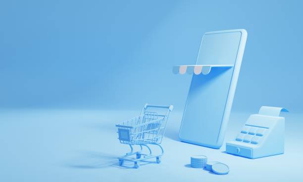 koncepcja zakupów i dostawy online z przestrzenią do kopiowania na niebieskim tle. biznes i dostawa sklep e-commerce. renderowanie ilustracji 3d - cash register e commerce technology shopping cart zdjęcia i obrazy z banku zdjęć