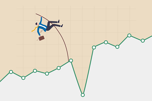 Overcome or get pass stock market down or crypto currency market drop, investment risk challenge or market volatility concept, confident businessman investor pole vault jump over market drop graph.