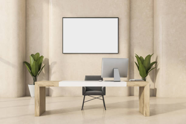 istock Horizontal canvas on beige wall of modern minimalist office 1355975021