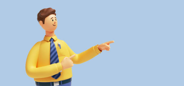 istock 3d render. Cartoon character young man isolated on blue background. Funny guy wears yellow shirt and blue tie. Caucasian male shows Index finger gesture. Best offer presentation concept 1355979314
