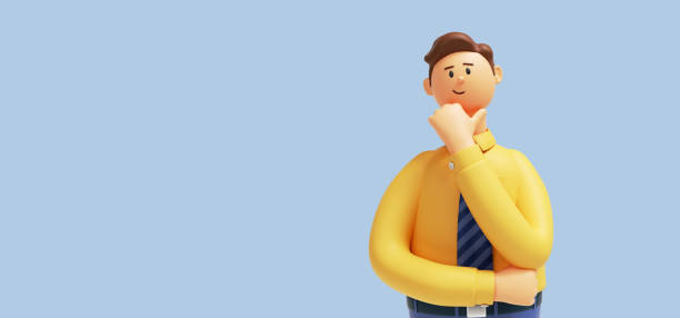 3d render. cartoon character cute young man isolated on blue background. serious guy thinking pose. caucasian male wears yellow shirt and blue tie. problem and doubt concept - professional dealer imagens e fotografias de stock