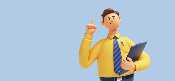 3d render. Cartoon character young caucasian man isolated on blue background. Smart guy wears yellow shirt, blue tie, holds clipboard, looks at camera with index finger up. Recommendation concept
