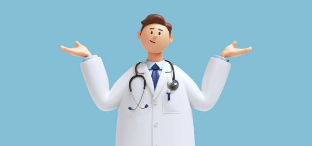 istock 3d render. Cartoon character young man doctor with hands up isolated on blue background. Problem doubt choice concept 1355979359