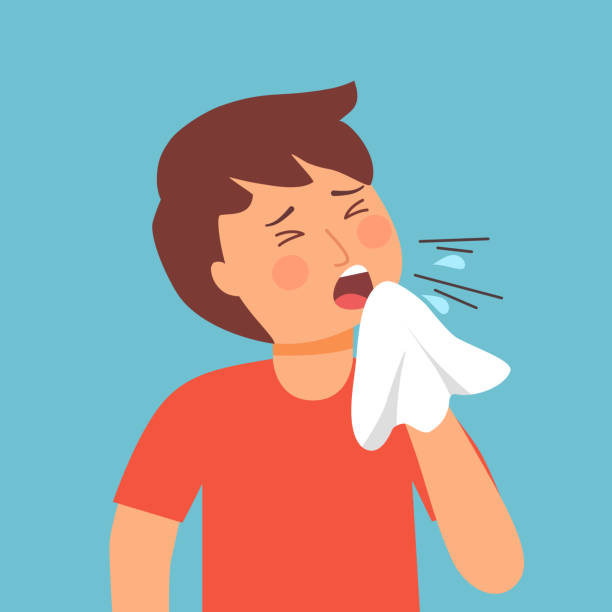 boy child sneezing concept vector. kids blowing in handkerchief. children catch a cold from season allergy. - 咳嗽 插圖 幅插畫檔、美工圖案、卡通及圖標