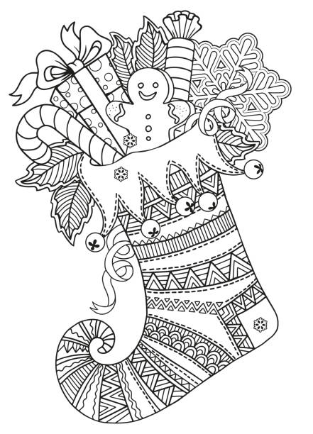 Cute knitted Christmas sock with sweet gifts from Santa Claus. Vector mandala coloring page for adults. Page for coloring book and Christmas design Cute knitted Christmas sock for gifts from Santa Claus. Vector mandala coloring page for adults, Page for coloring book and Christmas design christmas stocking background stock illustrations