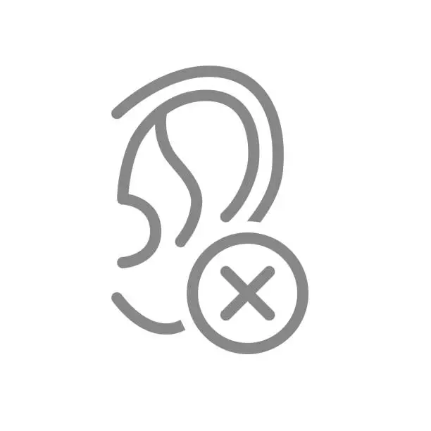 Vector illustration of Ear with cross checkmark line icon. Disease hearing organ, ear disease symbol