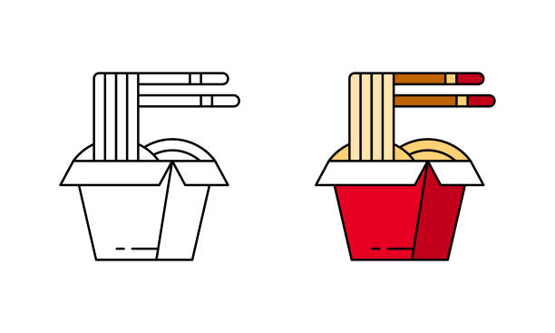 웍 국수 아이콘. 젓가락이 있는 빨간 종이 상자에 중국 국수의 선형 및 색상 벡터 - chopsticks nobody red white background stock illustrations