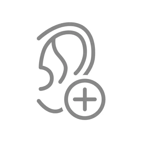 Vector illustration of Ear with plus line icon. Hearing organ symbol