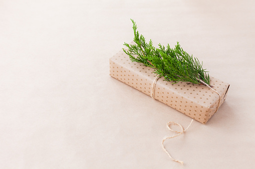 Nice pressent wrapped in craft paper and decorated with cypress branch laying on paper background