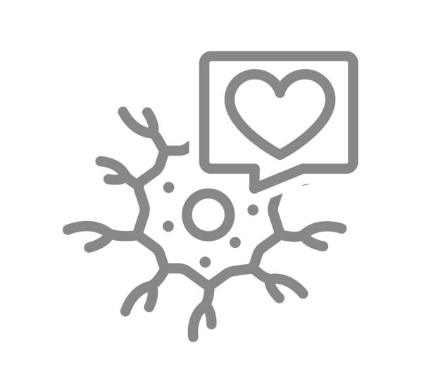 Neuron with heart in speech bubble line icon. Healthy neural tissue symbol Neuron with heart in speech bubble line icon. Healthy neural tissue symbol and sign illustration design. Isolated on white background medulla stock illustrations