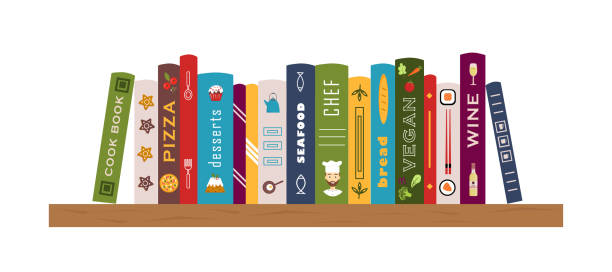 bookshelf with cook books, recipe books. shelf with books about cooking, food and drinks. pizza, bread, wine, vegatables, chef. banner for library, bookstore, book shop. vector illustration. - yemek kitapları stock illustrations