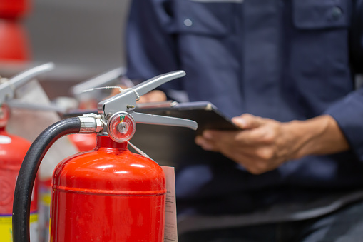 salvador, bahia, brazil - october 10, 2023: fire extinguisher seen in a commercial building in the city of Salvador