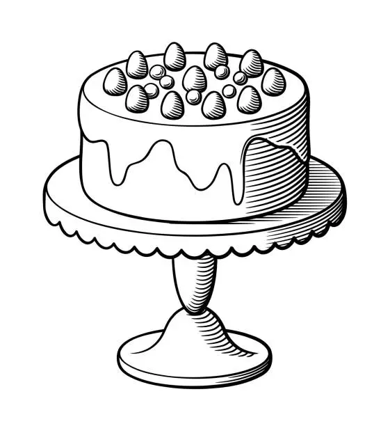 Vector illustration of Cake with berries on a cake stand. Black and white