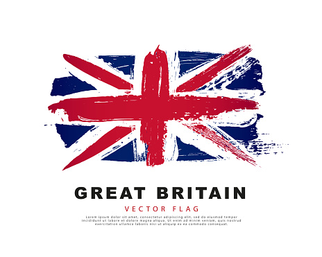 Flag of the Great Britain. Freehand blue, red and white brush strokes. Vector illustration isolated on white background. British flag colorful logo.