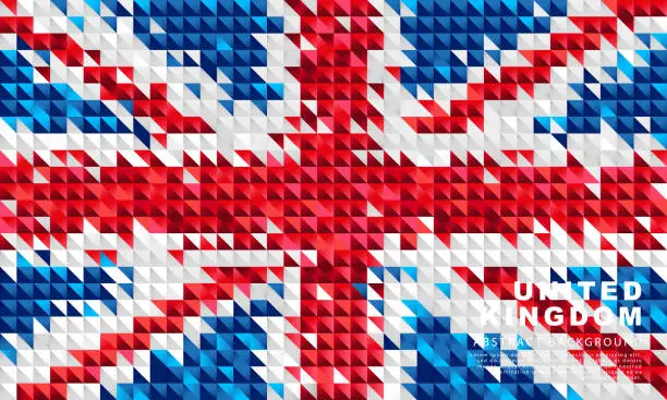Vector illustration of Flag of the Great Britain. Abstract background of small triangles in the form of the colorful blue, red and white stripes of the British flag.