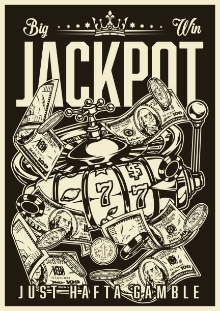 illustrazioni stock, clip art, cartoni animati e icone di tendenza di poster vintage monocromatico del casinò - slot machine illustrations