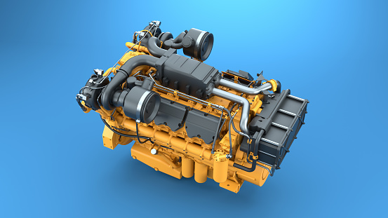 Orange turbo diesel engine on a blue background. High detail of the motor. 3d render
