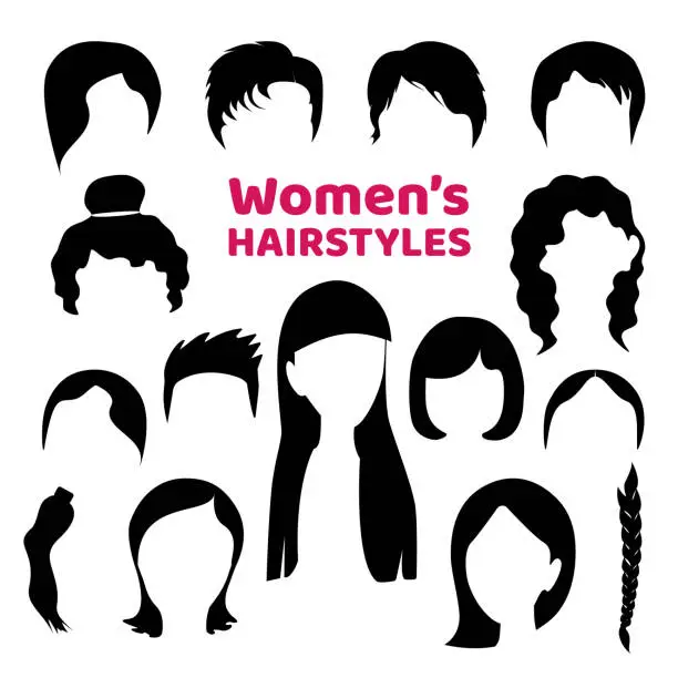 Vector illustration of Black hair silhouettes collection of fashionable haircuts or hairstyles for girls, isolated on white background. Fashion vector illustration