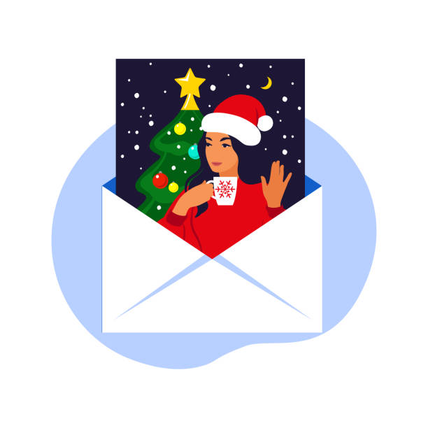 xmasグリーティングカード。幸せな女性は冬休みを祝います。新年の属性。ベクターの図。平 - greeting card christmas envelope mail点のイラスト素材／クリップアート素材／マンガ素材／アイコン素材