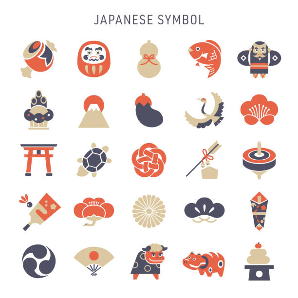 ilustraciones, imágenes clip art, dibujos animados e iconos de stock de símbolo japonés, colección de iconos de año nuevo. - new years illustrations