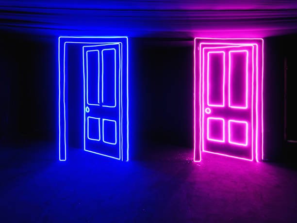 istock Blue and Pink Glowing Neon Lighting Doors in The Dark Room 1355993321