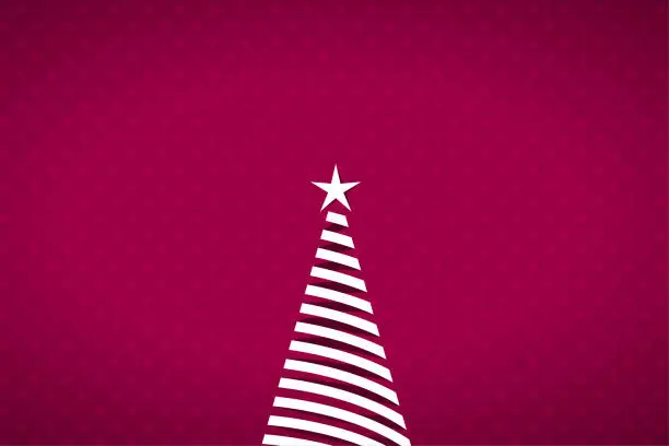 Vector illustration of A creative horizontal vector illustration of a Christmas tree with helix or spiral 3D pattern illuminated with a star over bright vibrant maroon color xmas backgrounds with copy space and spotted with smudged dots all over