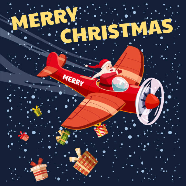 istock Santa Claus flying on vintage plane, delivering gift boxes. Christmas poster, banner retro cartoon style illustration 1355995502
