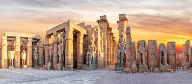 Luxor Temple, main statues  views, beautiful sunset panorama, Egypt.