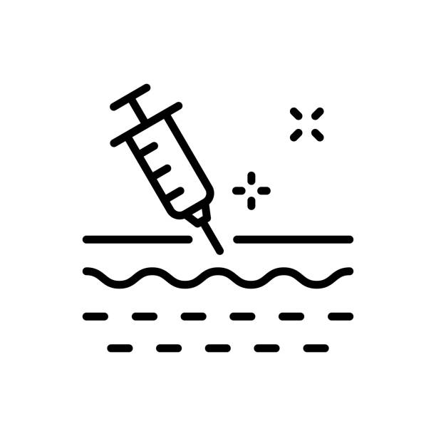 symbol für die hautinjektionslinie. spritze und struktur der haut lineares piktogramm. medizinische, dermatologische behandlung impfstoff, filler, hyaluronsäure outline icon. bearbeitbarer strich. isolierte vektorillustration - healthcare and medicine beauty spa botox injection hyaluronic acid stock-grafiken, -clipart, -cartoons und -symbole