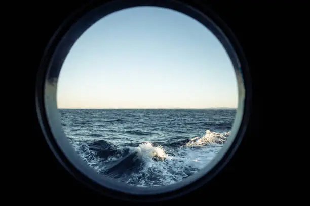 View on a rough sea, with waves of the open ocean from a boat. Dramatic landscapes of the Atlantic Ocean.