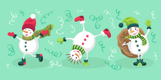 Merry snowmen in different poses. Set of winter holidays snowman. Merry snowmen in different poses. Set of winter holidays snowman. happy costumers  stock illustrations
