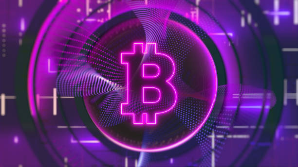 Bitcoin (BTC) cryptocurrency symbol crypto mining cyberspace. Blockchain futuristic investment abstract glowing blurred magenta neon 3D background concept.