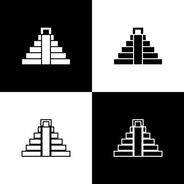 Set Chichen Itza in Mayan icon isolated on black and white background. Ancient Mayan pyramid. Famous monument of Mexico. Vector Set Chichen Itza in Mayan icon isolated on black and white background. Ancient Mayan pyramid. Famous monument of Mexico. Vector. maya temple stock illustrations