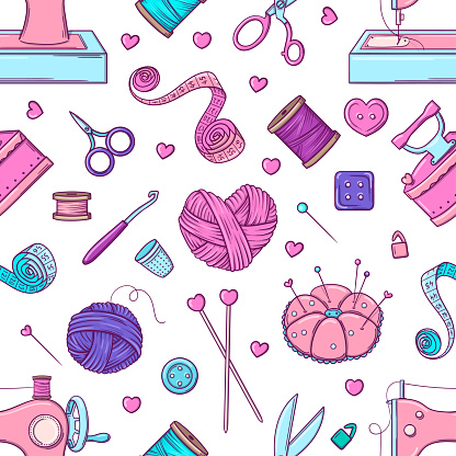 Hand drawn seamless pattern with objects for sewing, knitting and hand craft in doodle style.
