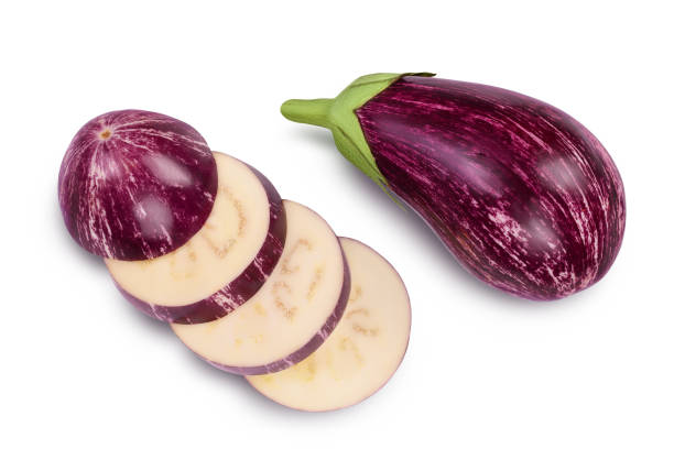 striped eggplant graffiti isolated on white background with clipping path and full depth of field. Top view. Flat lay