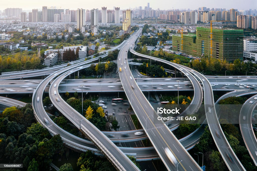 Overpass and modern architecture photographed in Chengdu at dusk Transportation Stock Photo