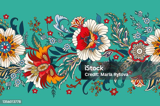 istock Seamless border with decorative flowers 1356013778