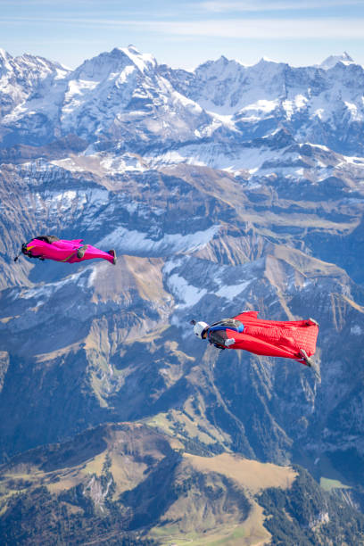 istock Friends in wingsuits glide through clear skies 1356014188