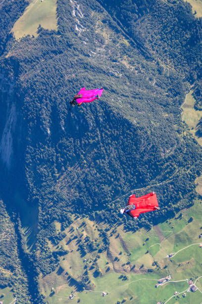 istock Friends in wingsuits glide through clear skies 1356014254
